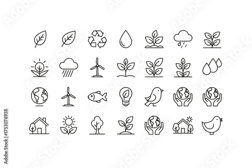Eco friendly thin line icons set. Environment, sustainability, nature concepts. Vector symbols for graphic design: leaf, recycling, water, plant, wind energy, earth globe, bird.