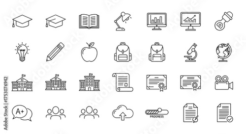 Education and e-learning line icon set. School, university, and online course symbols. Graduation, study, knowledge, and science concept. Vector illustration for web design.