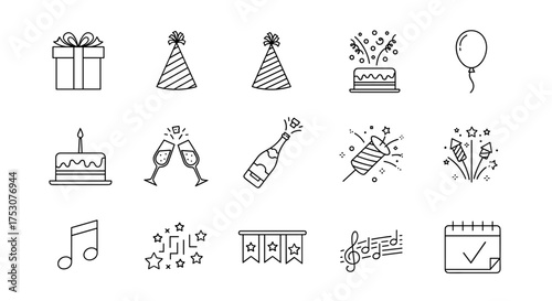 Party line icon set. Birthday celebration vector symbols. Anniversary and new year event graphics. Includes gift, cake, champagne, fireworks, balloon, music note. Editable stroke.