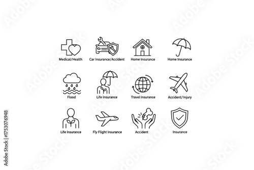 Insurance line icon set for business and services. Includes medical, health, car, home, life, travel, and accident protection symbols. Vector outline pictograms for safety.