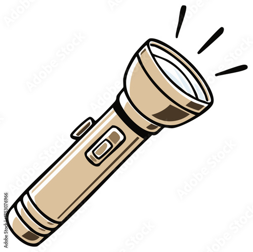 Illuminating metallic flashlight shines brightly light in dark cartoon illustration