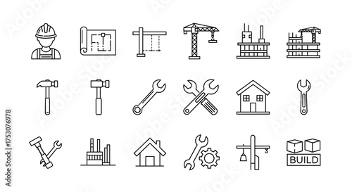 Construction and building industry icon set. Engineering line art symbols for web and app. Builder, blueprint, crane, hammer, and wrench tools. House repair vector pictograms.