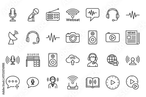 Media and audio line icon set. Communication, podcast, radio, sound wave, microphone, headphone symbols. Journalism, broadcasting, streaming, and recording concept icons.