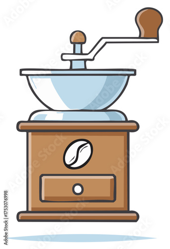 Vintage manual coffee grinder with wooden base and hand crank cartoon illustration