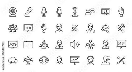 Video conference and online meeting line icon set. Business communication, webinar, remote work, and virtual presentation symbols. Includes webcam, microphone, and chat icons.