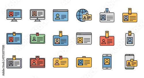 ID card and badge vector icon set. Personal identity, staff pass, security verification. Digital user profile on computer and mobile. Online account, access control concept.