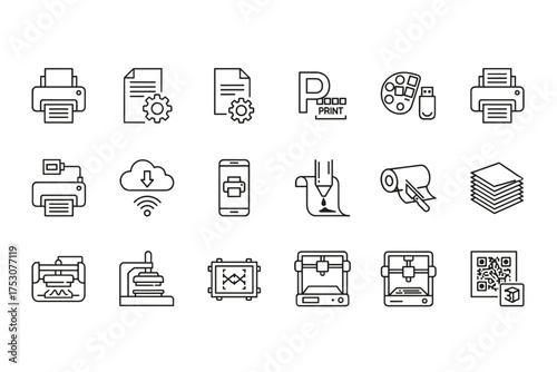 Printing line icon set. Vector collection of printshop and typography symbols. Includes 3D printer, plotter, offset press, cloud print, and document management icons.