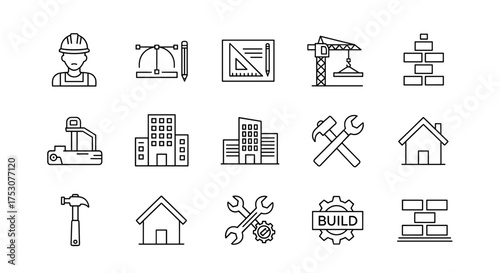 Construction and building icon set. Vector line art collection for architecture, engineering, and real estate. Includes worker, crane, tools, house, and blueprint symbols.