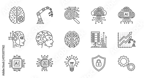 Artificial intelligence line icon set. Collection of vector symbols for AI, machine learning, robotics, data analysis, deep learning, cloud computing, and cybersecurity concept.