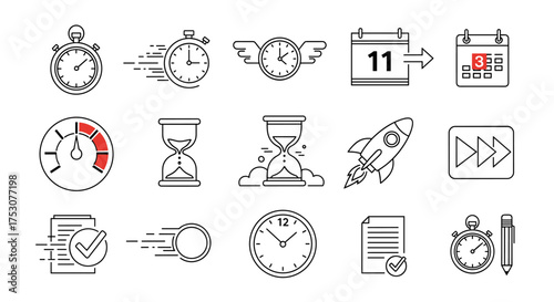 Time management and speed icon set. Vector line icons for productivity, efficiency, and deadlines. Stopwatch, calendar, hourglass, and fast rocket symbols for project performance.