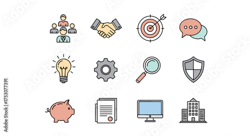 Business and finance thin line icon collection. Vector graphic set with essential symbols like teamwork, partnership, goal, idea, security, research, and savings for web design.