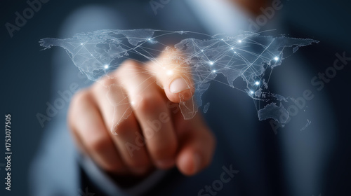 Executive showcasing a worldwide network diagram, global trade visualization, economic diplomacy in market outreach, international relations through digital links, cross-border bus