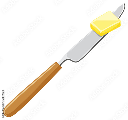 Cartoon butter knife with wooden handle and bright yellow pat of butter for illustration