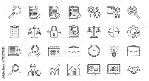 Business management & analysis line icon set. Workflow optimization, productivity, efficiency symbols. Project management, compliance, strategy, data analytics vector icons.