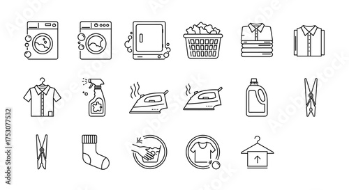 Laundry service and clothing care thin line icon set. Washing machine, steam iron, dryer, detergent, laundry basket with clothes. Housekeeping and laundromat vector symbols.