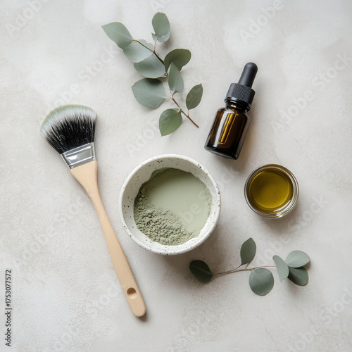 A green powder is sitting in a white bowl next to a brush and a bottle. The brush is made of wood and has a white handle