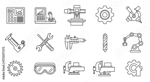 CNC machining and industrial manufacturing icon set. Engineering and automation symbols. Robotic arm, milling machine, workshop tools, gears, and precision measuring instruments.