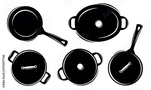 Pan Kitchen Pot Cookware Silhouettes Set Vector Illustration Isolated on White