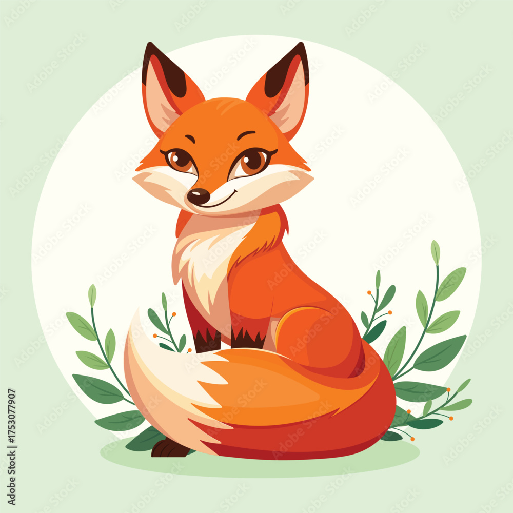 Obraz premium Cute and elegant forest fox with bright orange fur and beautiful eyes, sits calmly and surrounded by green plants. Vector illustration suitable for wildlife, forest animals, or eco-friendly designs.
