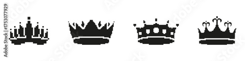 Decorative Royal Crown Icons Pixelated Icon Set. Pixel Art Symbol Collection of Royalty Crowns With Unique Tips and Jewels. Isolated Vector Illustration