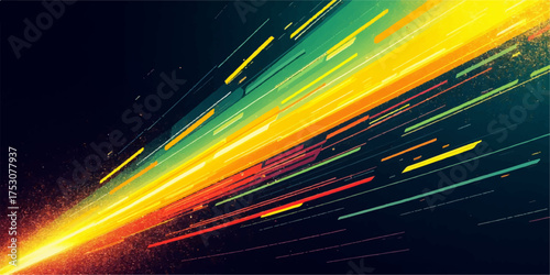 Abstract explosion of vibrant rainbow light streaks and particles against a dark background