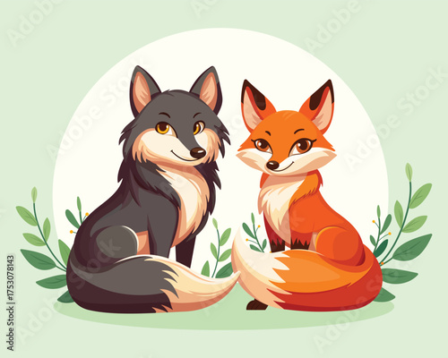 Cute and elegant forest fox and wolf sit together calmly, surrounded by green plants. Flat style cartoon vector illustration suitable for wildlife, forest animals, or eco-friendly design projects