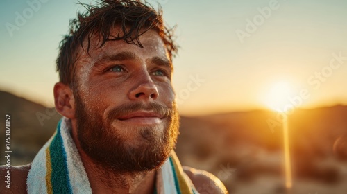 A peaceful portrait of a man with a towel around his neck, enjoying a sunset after physical activity, capturing the essence of relaxation, accomplishment, and the beauty of nature.