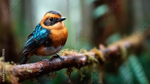 A vibrant bird with striking colors perches on a mossy branch, showcasing the beauty of wildlife and the intricate details of nature in a serene setting.