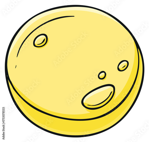Simple yellow cartoon disc with crater like depressions resembling a full moon or a cheese slice.