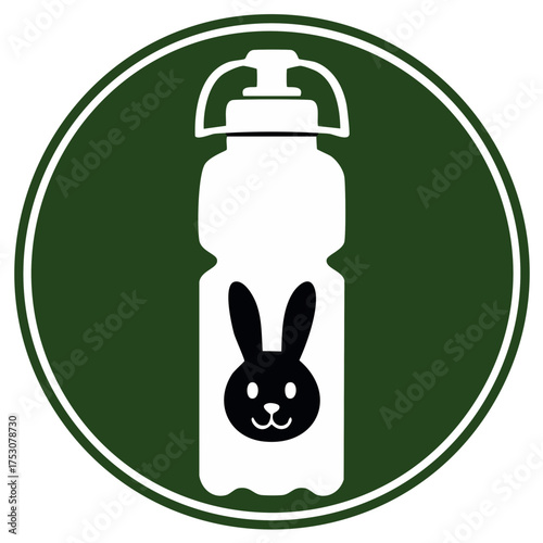 A kids reusable water bottle with a cute bunny rabbit face illustration inside a green circle icon