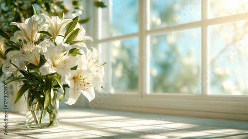 A delicate vase of fresh white lilies beautifully illuminated by soft sunlight pouring through a window, complementing the serene indoor setting and evoking feelings of tranquility.