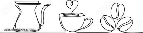 Continuous line drawing of coffee pot, cup with heart steam and coffee bean isolated on white background