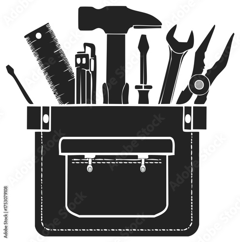 Tool belt containing various hand tools such as a hammer and pliers.