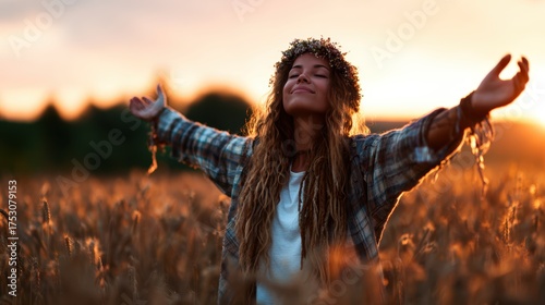A woman stands in a wheat field during sunset, arms wide open, radiating joy and connection with nature, embracing the beauty of a warm golden hour moment.