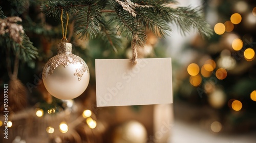 Elegant Christmas tree branch with a golden ornament and a blank card for text, glowing lights in the background creating a warm festive atmosphere.