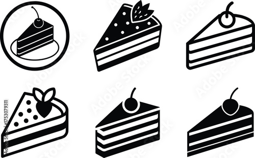 Cake Slice Silhouette Icons with Cherry and Strawberry Decoration Vector Set