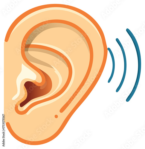 Vector illustration of a human ear with sound waves representing hearing listening and audiology