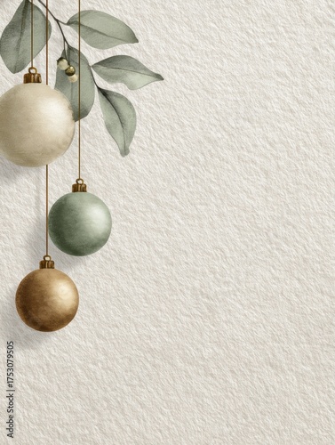 Stylish composition of three Christmas baubles in gold and green tones hanging beside elegant green leaves on a textured background.