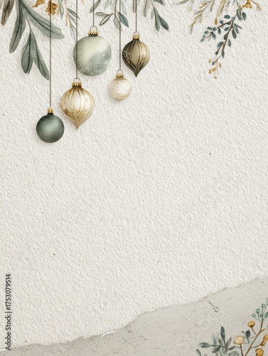 Artistic watercolor illustration featuring green and gold Christmas ornaments hanging from branches with leaves and soft neutral background.