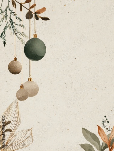 Minimalist Christmas composition with green and beige ornaments hanging among delicate leaves and branches on a textured background.