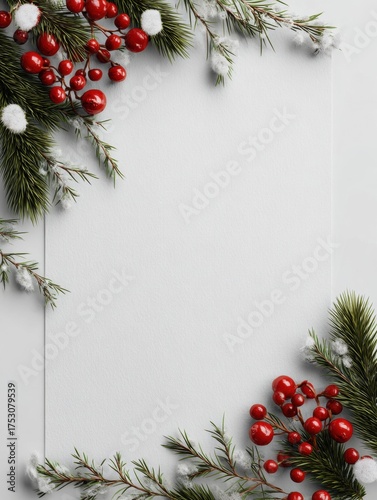 Festive Christmas background with red berries, green pine branches, and snow accents framing a blank white paper for holiday greetings.