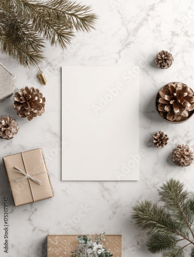 Flat lay Christmas composition with pine branches, cones, and wrapped gifts arranged around a blank white sheet on marble surface.
