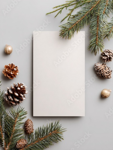 Cozy Christmas scene with pine branches, cones, and golden acorns arranged around a blank beige card on a neutral background.