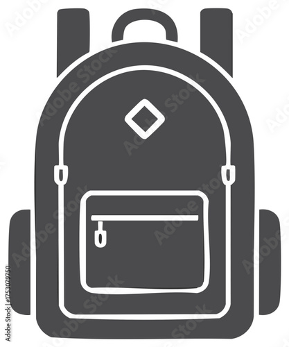 Classic backpack illustration with front pocket and side compartments in gray.