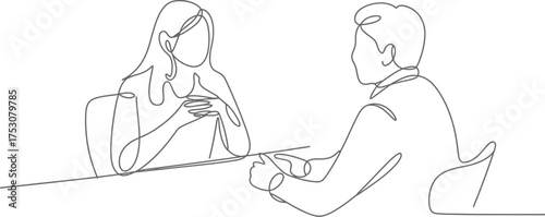 Continuous line drawing of a business meeting with a man and a woman isolated on white background