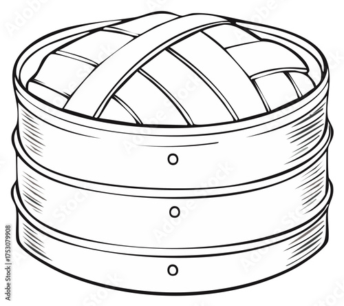 Classic three tiered bamboo steamer basket for Asian cuisine line art illustration