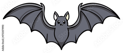 Cartoon bat with wings spread out. Halloween illustration, grey color, isolated.