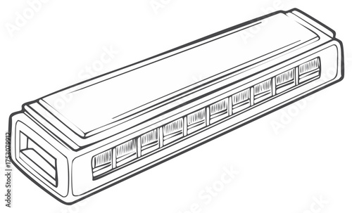 Detailed line drawing of a harmonica musical instrument on a white background