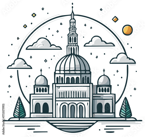 Line art illustration of a government capitol building with a dome at night