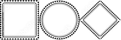 Set of three frames with dotted borders isolated on white background, square, circle, and diamond shapes